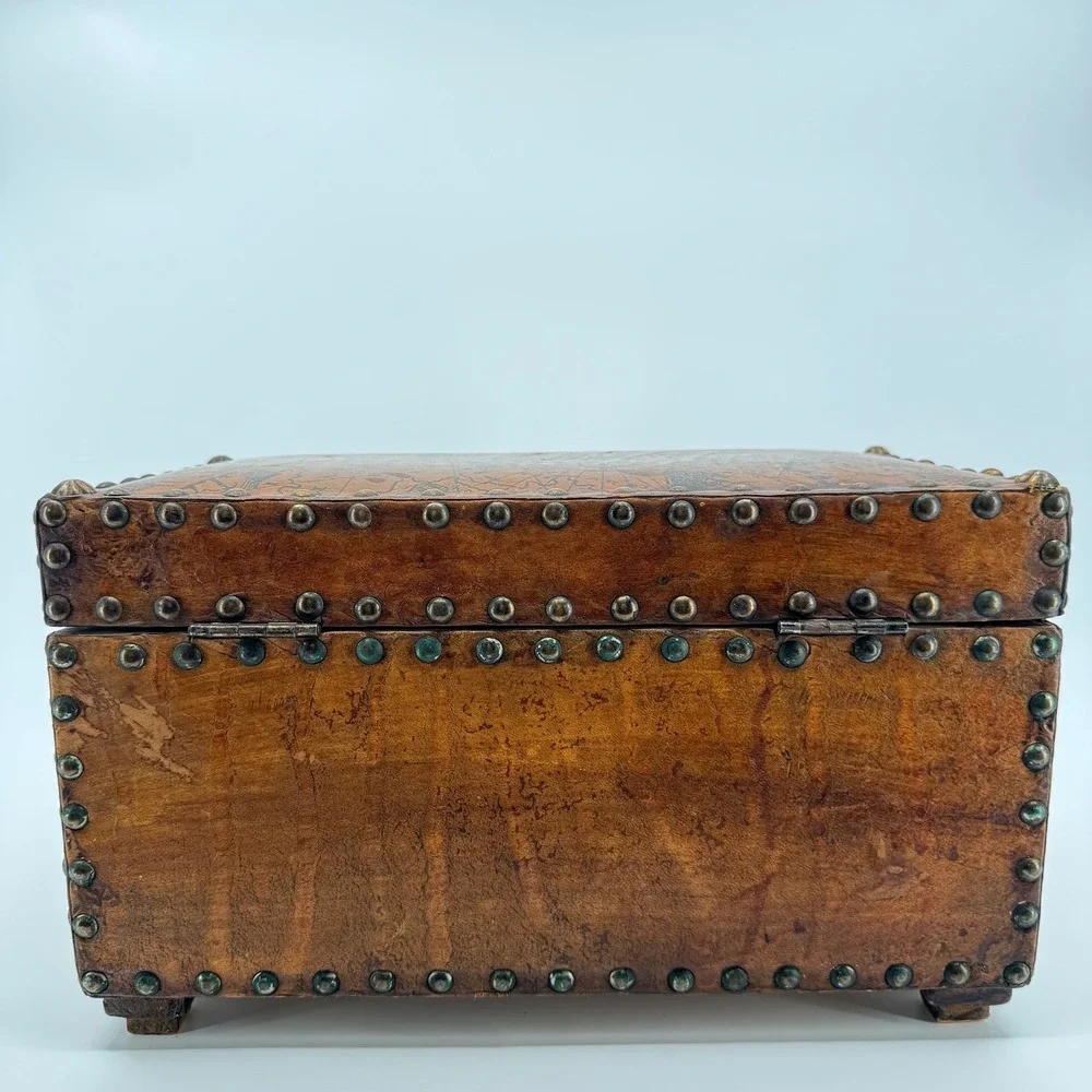 Vtg Leather Wood Jewelry Box Chest Trunk Old World Map Studded Nailhead Drawer